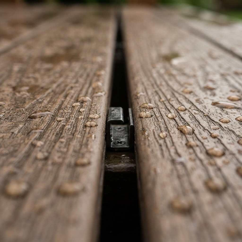 Close-up of composite decking board texture and hidden fixing clip