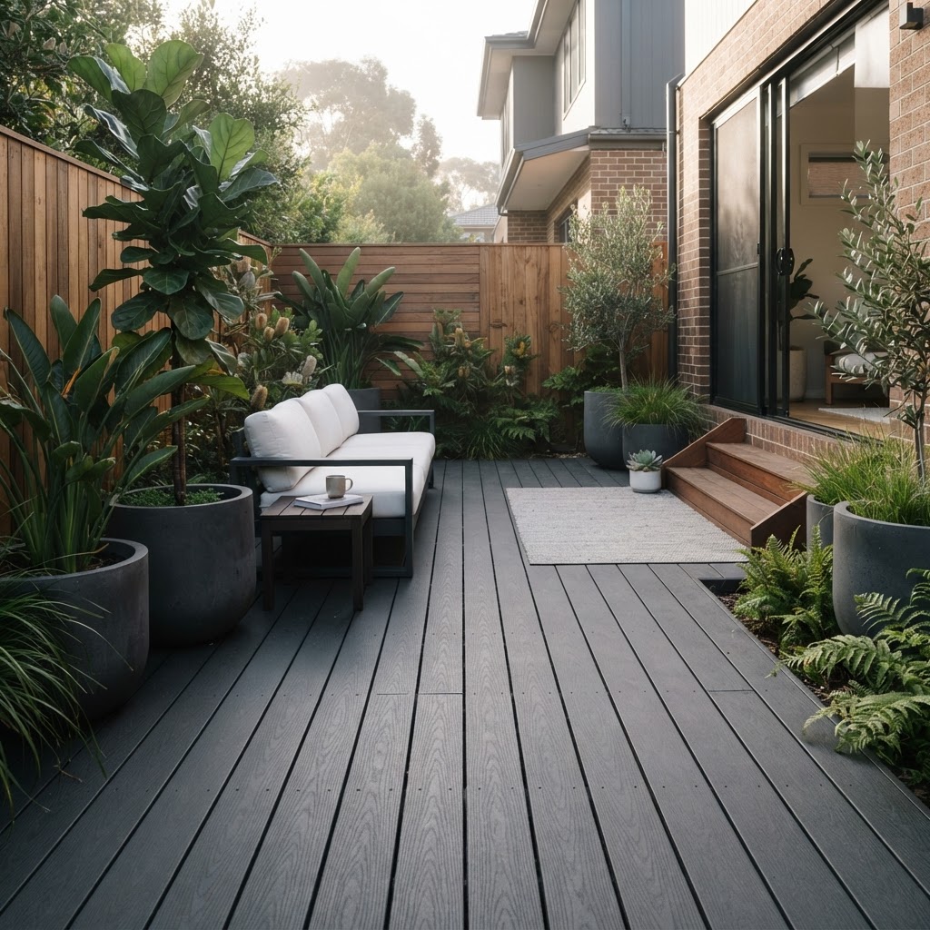 Modern grey composite deck with minimal outdoor furniture