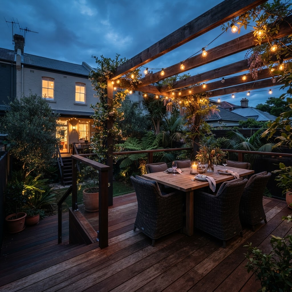 Timber deck with pergola and evening string lights
