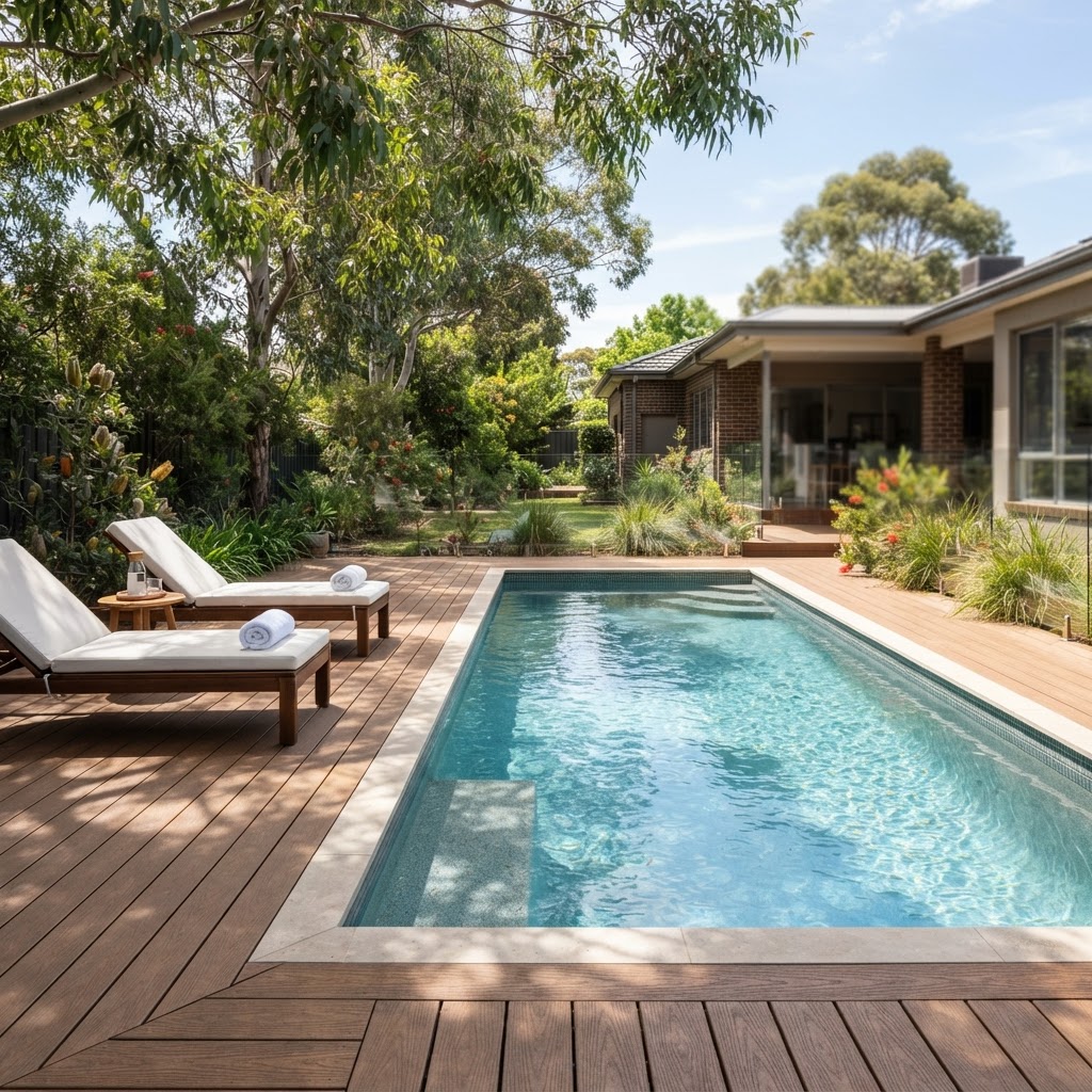 Composite decking surrounding a swimming pool
