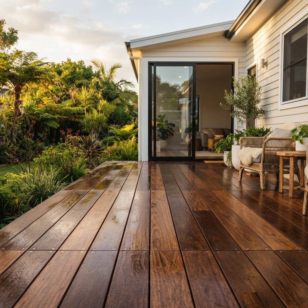 Freshly oiled spotted gum deck boards with satin finish