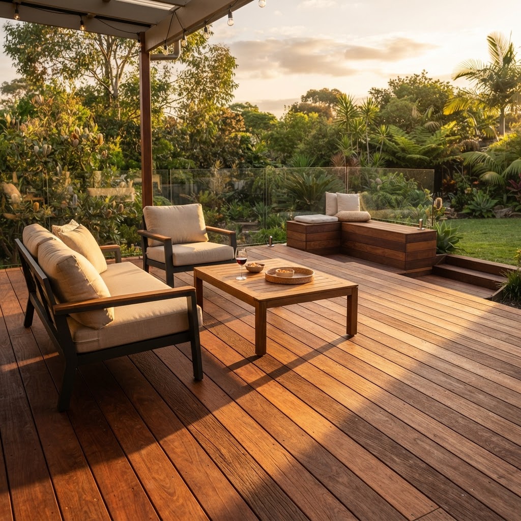 Merbau hardwood timber deck glowing at golden hour